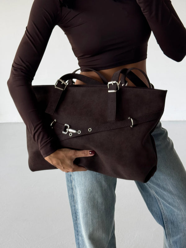 Kadın Kemer Detaylı Omuz Çantası Madrid - Kahve Süet