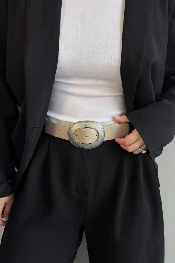 Kadın Oval Tokalı Suni Deri Kemer - Vizon