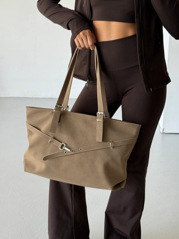 Kadın Kemer Detaylı Omuz Çantası Madrid - Vizon Süet