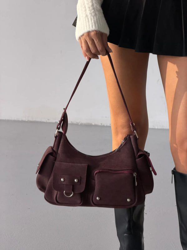 Kadın Çok Cepli Omuz Çantası Poli - Bordo Süet