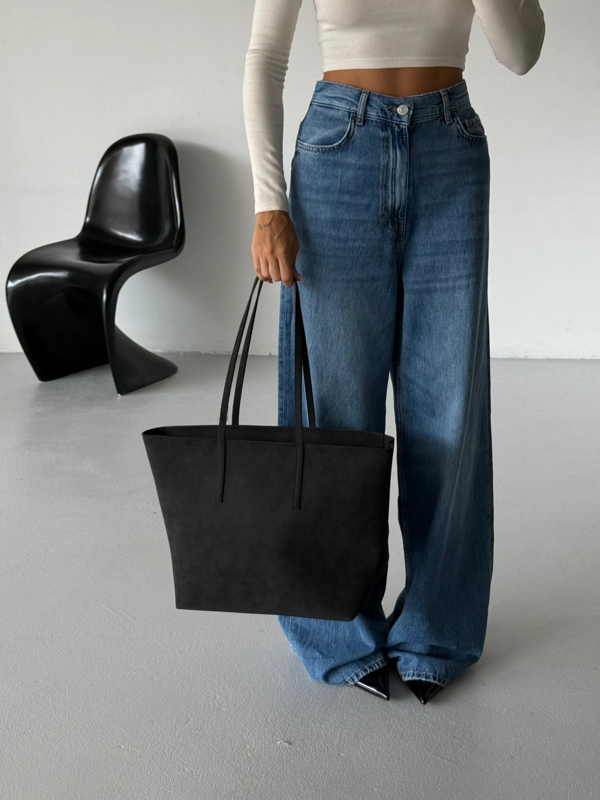 Kadın Fermuarlı Çift Saplı Shopper Omuz Çantası Sable - Siyah Süet