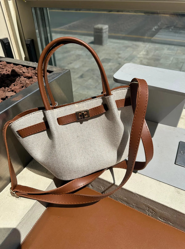 Kadın Keten Deri Kilit Detaylı Omuz Çantası Mini Dore - Taba Hasır