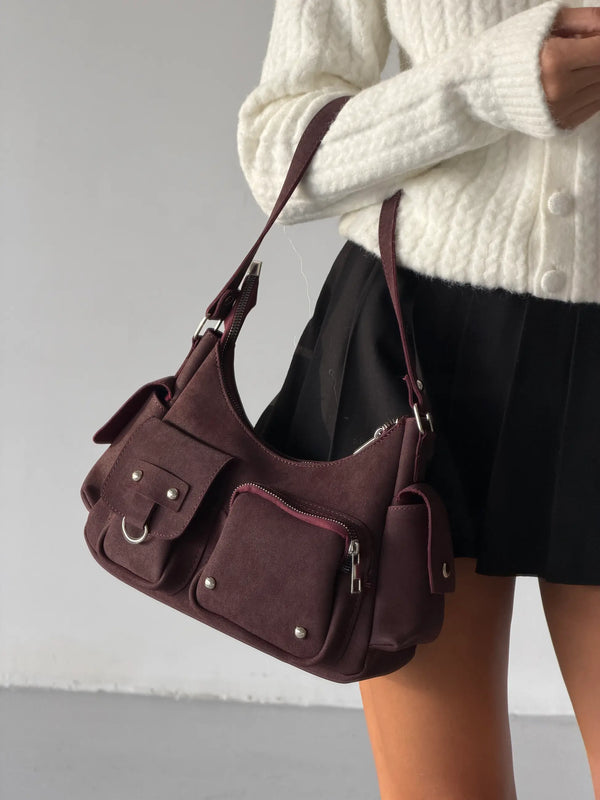 Kadın Çok Cepli Omuz Çantası Poli - Bordo Süet