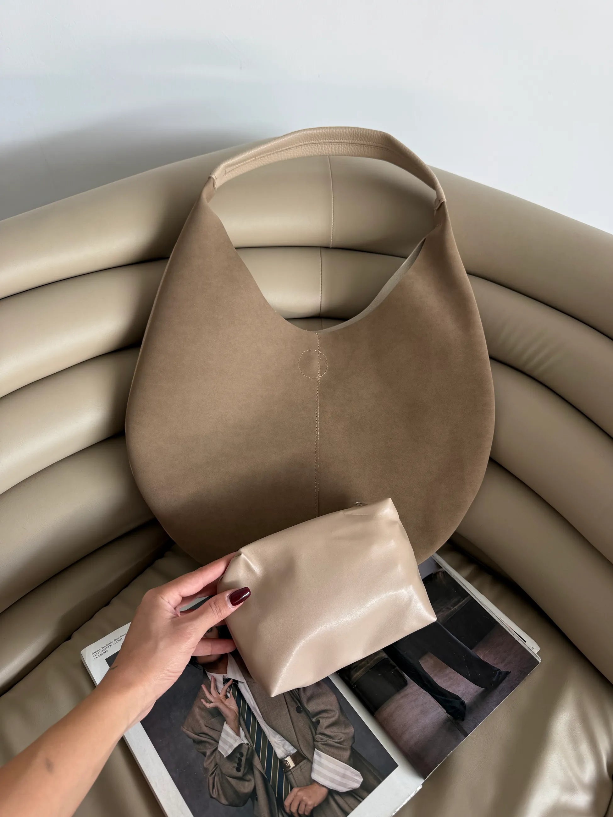 Kadın Süet Deri Çift Taraflı Omuz Çantası Bond - Vizon