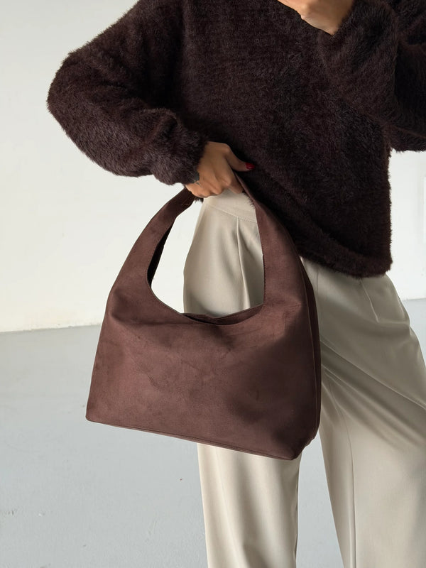 Kadın Suni Süet Omuz Çantası Paris - Kahve Süet