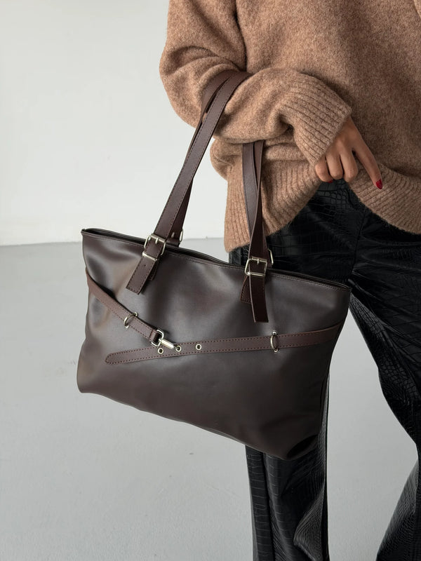 Kadın Kemer Detaylı Omuz Çantası Madrid - Kahve Deri