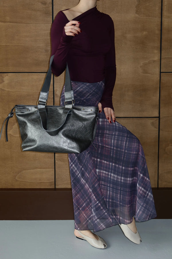 Kadın Deri Tote Omuz Çantası Big City - Metalik Gri