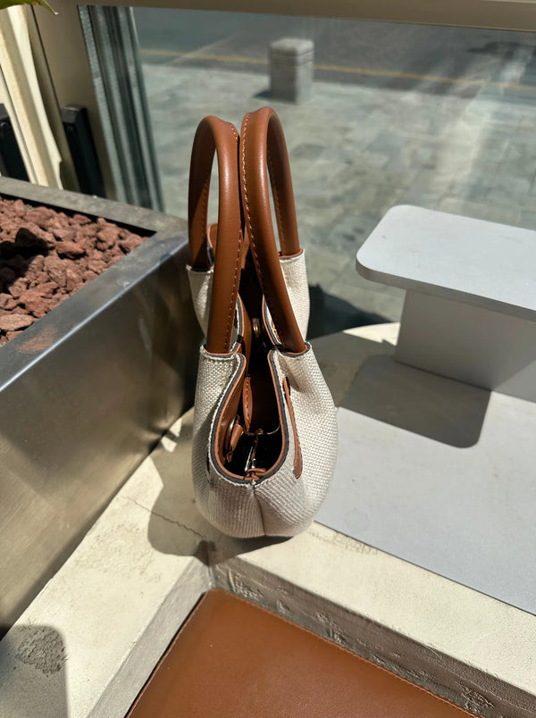 Kadın Keten Deri Kilit Detaylı Omuz Çantası Mini Dore - Taba Hasır