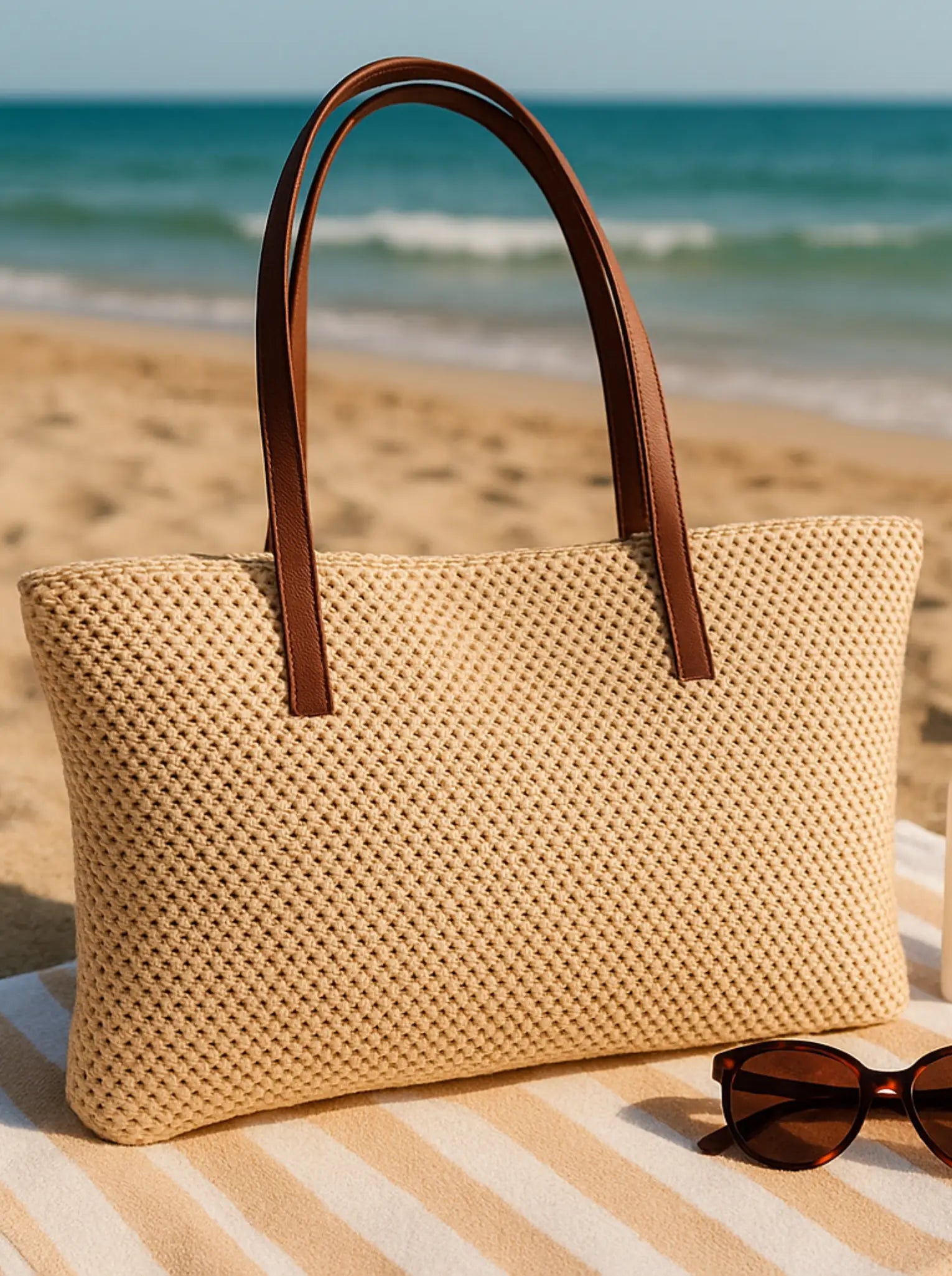 Kadın Fermuarlı Örme Hasır Omuz Çantası Palm - Hasır