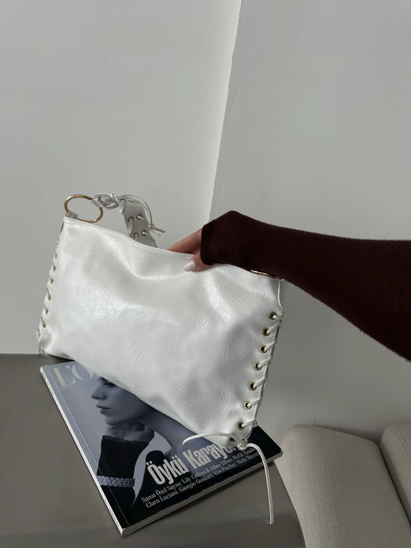 Kadın  Örgü Detaylı Kırışık Omuz Çantası Nomi - Beyaz