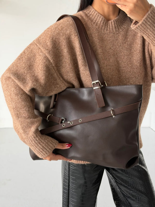 Kadın Kemer Detaylı Omuz Çantası Madrid - Kahve Deri