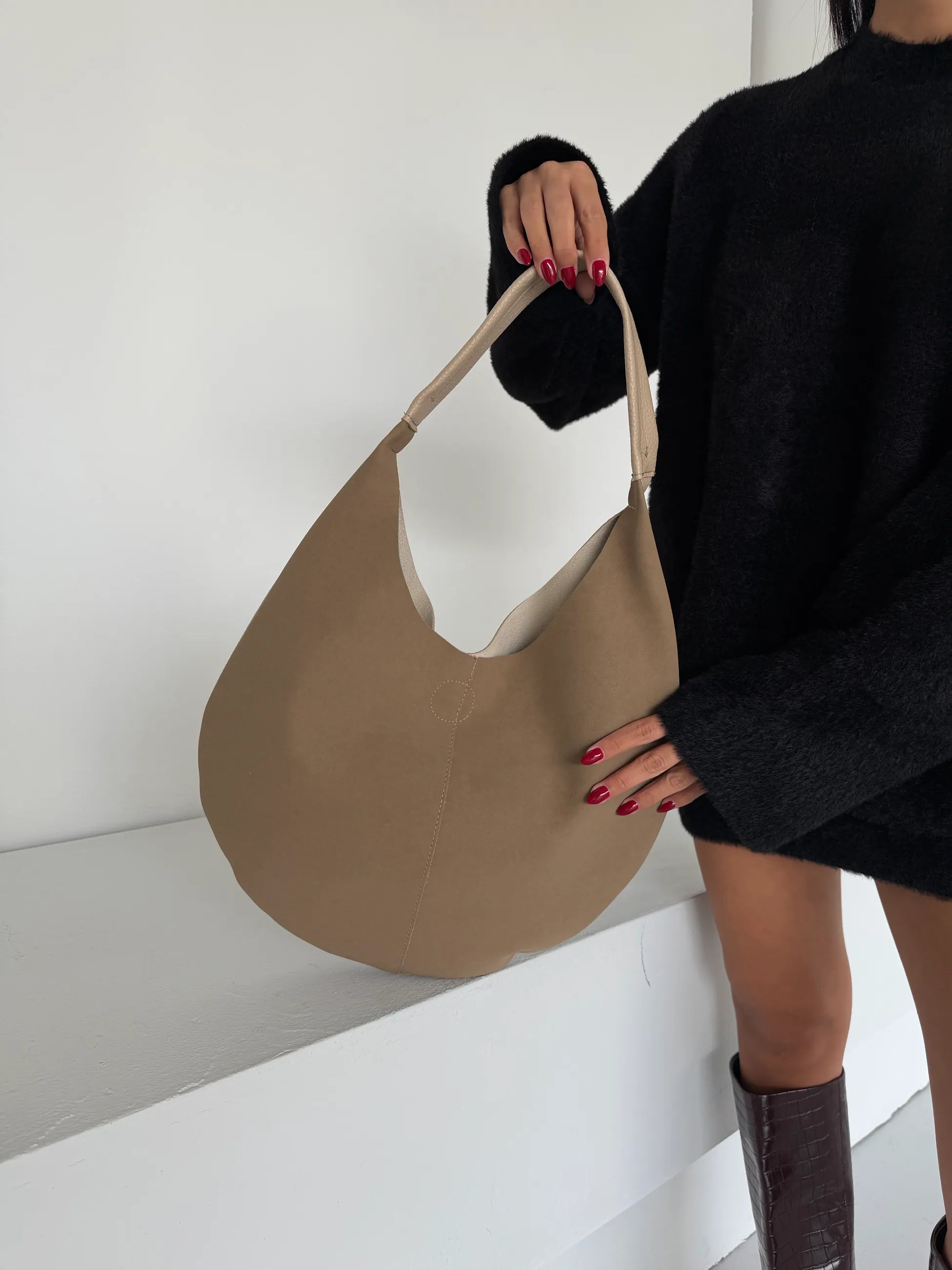 Kadın Süet Deri Çift Taraflı Omuz Çantası Bond - Vizon