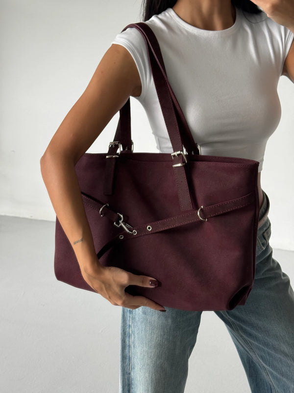 Kadın Kemer Detaylı Omuz Çantası Madrid - Bordo Süet