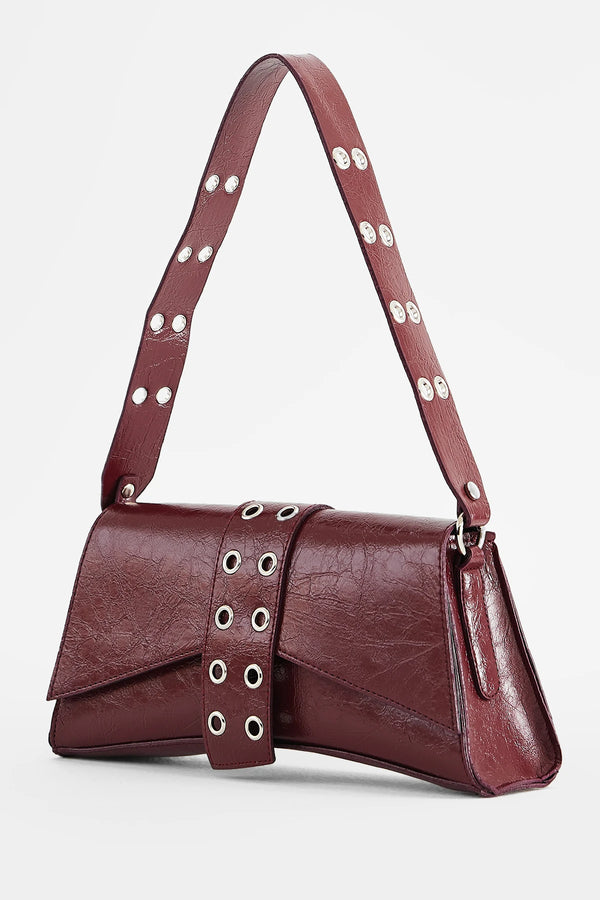 Kadın Asimetrik Zımbalı Baget Çanta Kate - Bordo