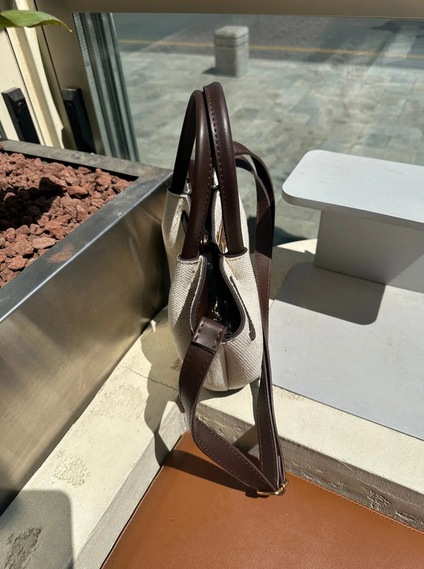 Kadın Keten Deri Kilit Detaylı Omuz Çantası Mini Dore - Kahve Hasır