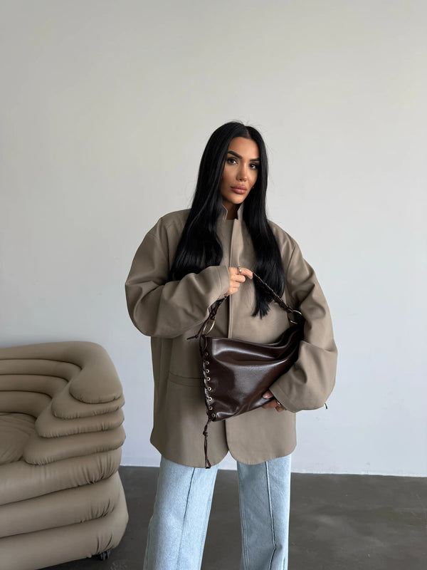 Kadın  Örgü Detaylı Kırışık Omuz Çantası Nomi - Kahve