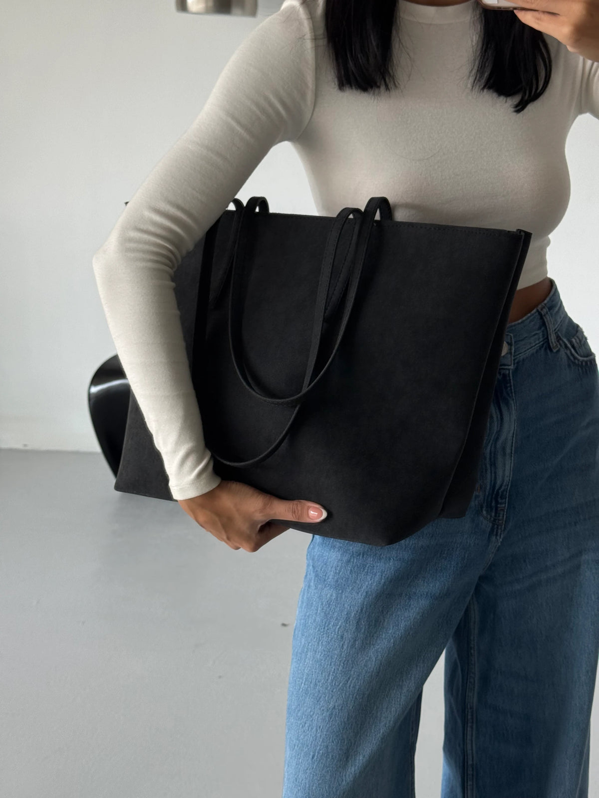 Kadın Fermuarlı Çift Saplı Shopper Omuz Çantası Sable - Siyah Süet