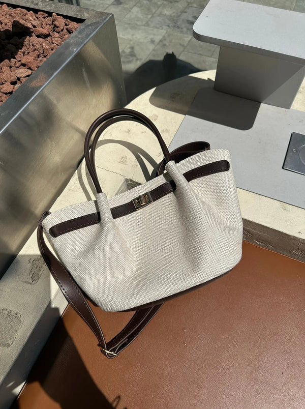 Kadın Keten Deri Kilit Detaylı Omuz Çantası Mini Dore - Siyah hasır