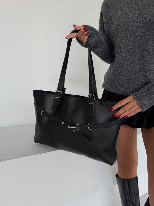 Kadın Kemer Detaylı Omuz Çantası Madrid - Siyah Deri