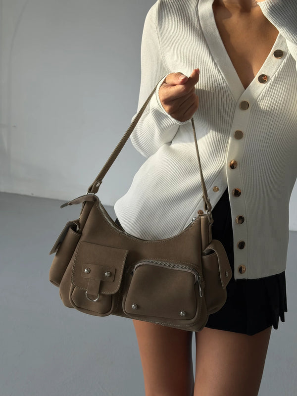 Kadın Çok Cepli Omuz Çantası Poli - Vizon Süet