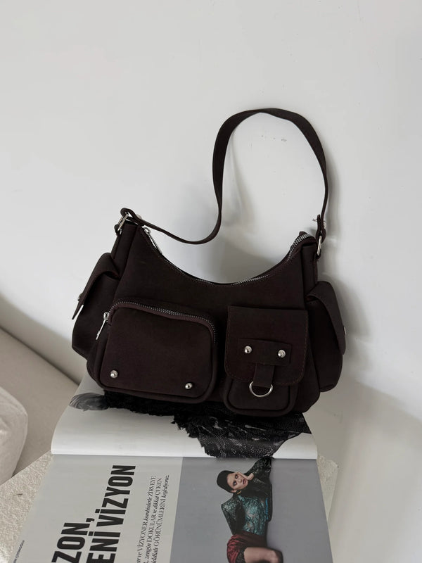 Kadın Çok Cepli Omuz Çantası Poli - Kahve Süet