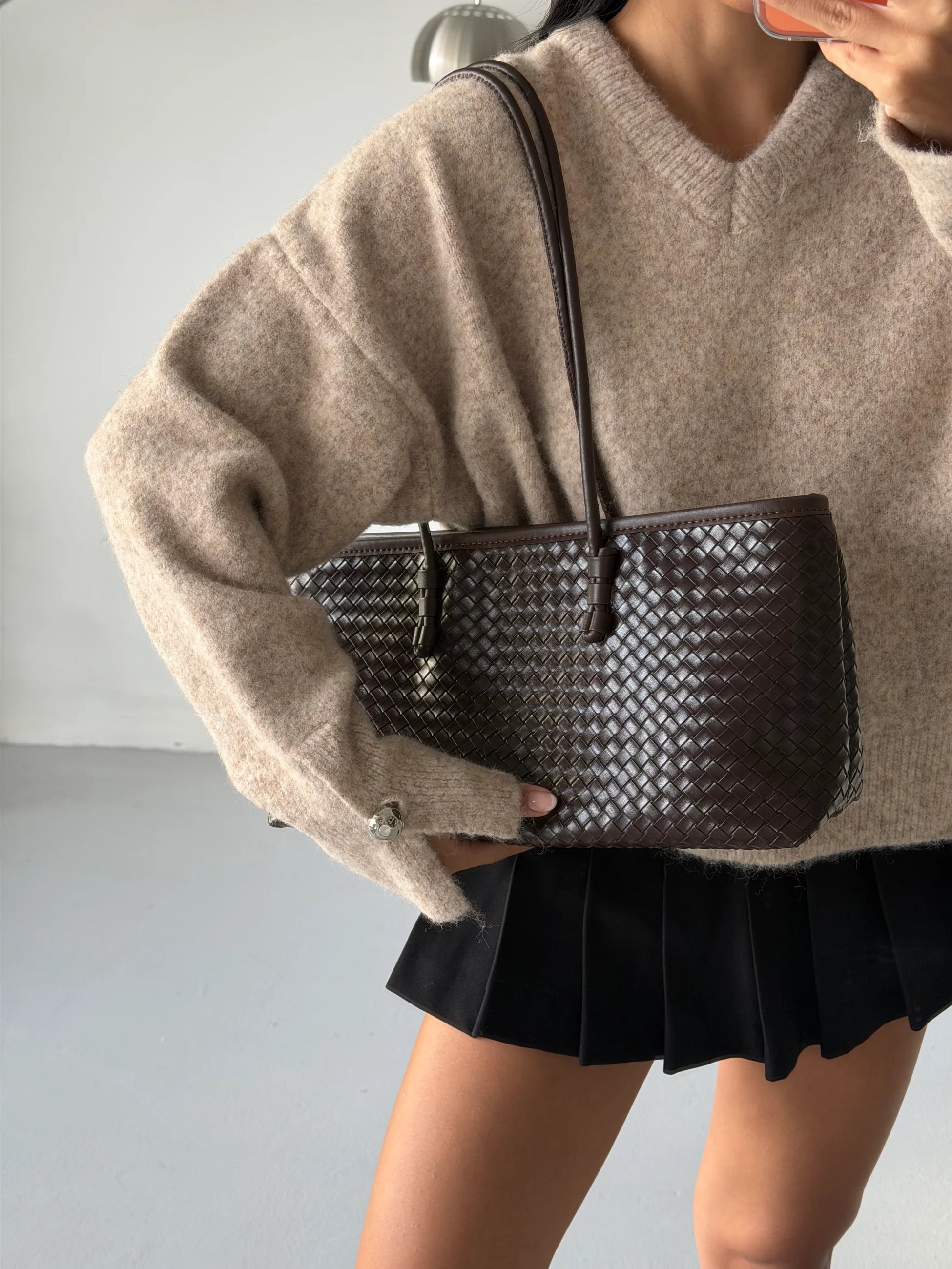 Örgü Desenli Tote Çanta Lizbon - Kahve