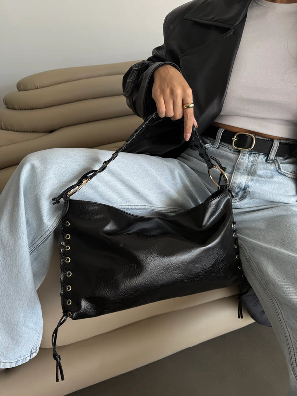 Kadın  Örgü Detaylı Kırışık Omuz Çantası Nomi - Siyah