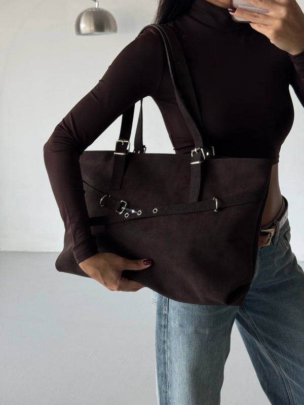 Kadın Kemer Detaylı Omuz Çantası Madrid - Kahve Süet