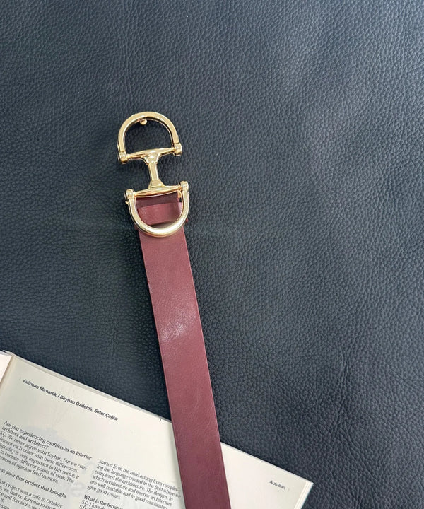 Kadın Çift Tokalı Gold Kemer - Bordo