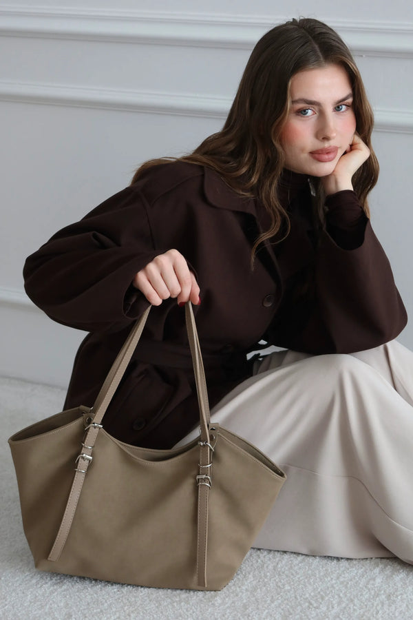 Kadın Toka Detaylı Fermuarlı Omuz Çantası Riva - Vizon Süet