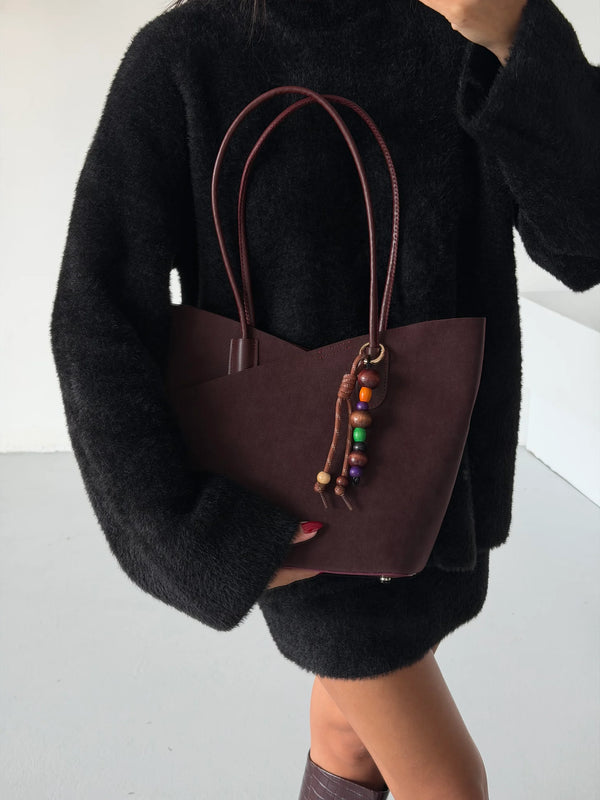 Kadın Charm Detaylı Süet Omuz Çantası Roche - Bordo