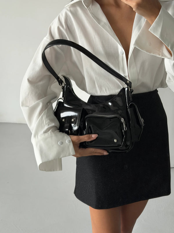 Kadın Çok Cepli Omuz Çantası Poli - Siyah Rugan