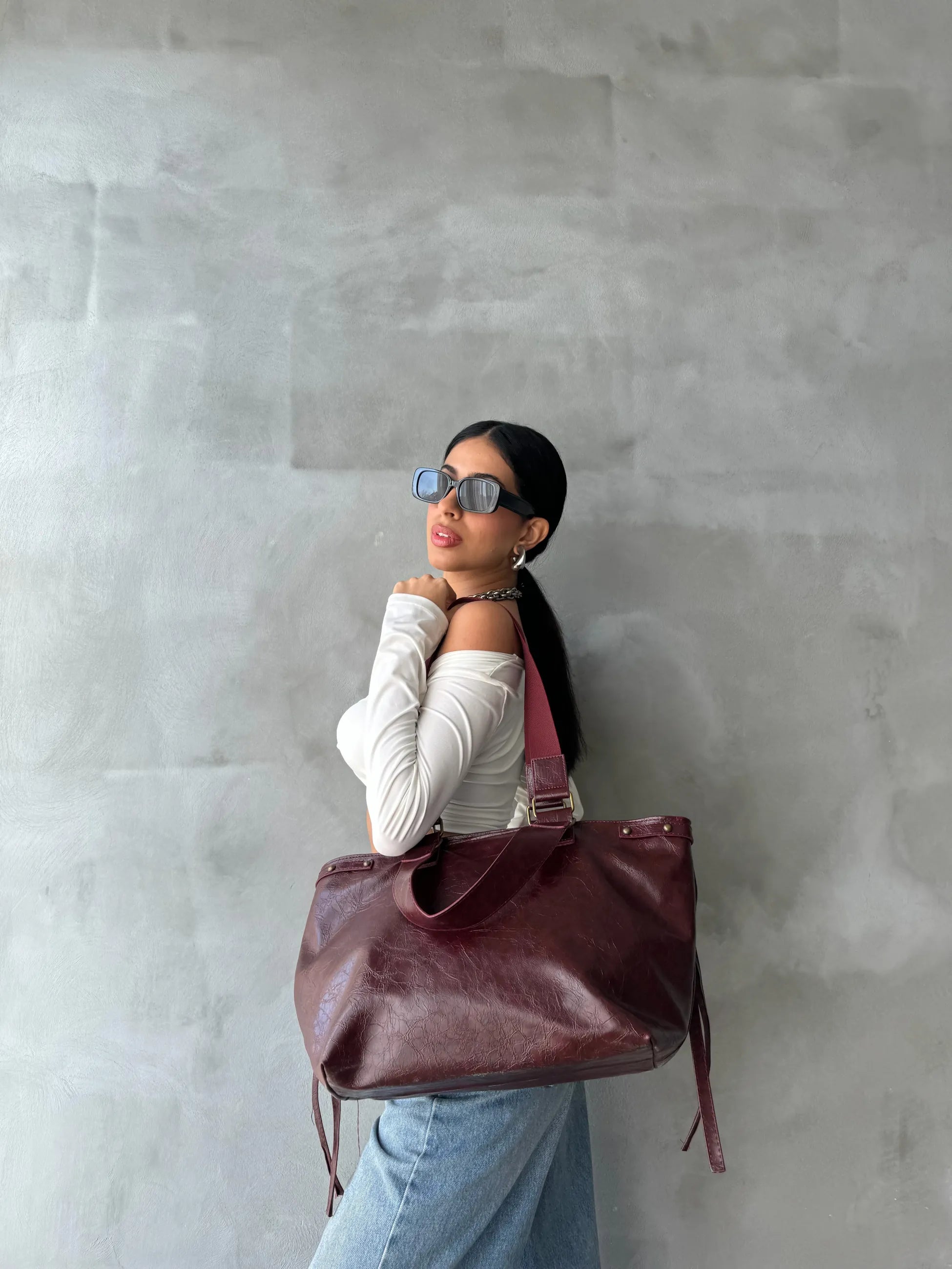 Kadın Deri Tote Omuz Çantası Big City - Bordo