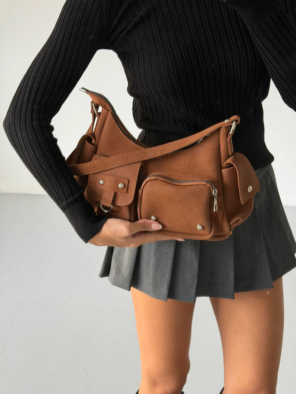 Kadın Çok Cepli Omuz Çantası Poli - Taba Süet