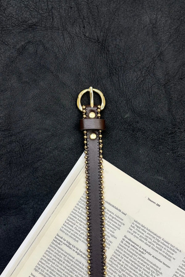 Boncuk Detaylı Gold Kemer - Kahve