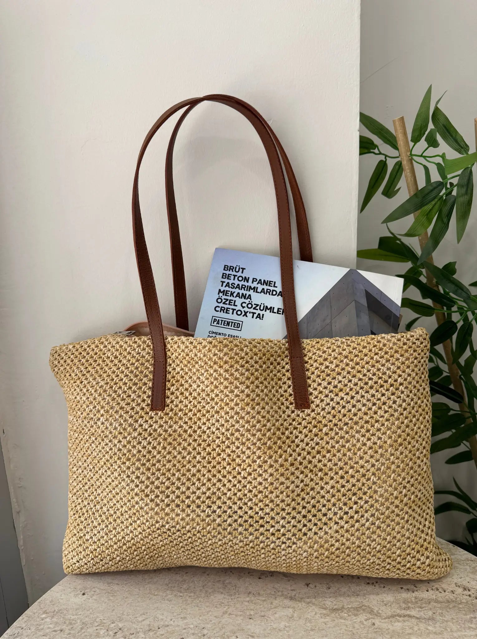 Kadın Fermuarlı Örme Hasır Omuz Çantası Palm - Koyu Hasır