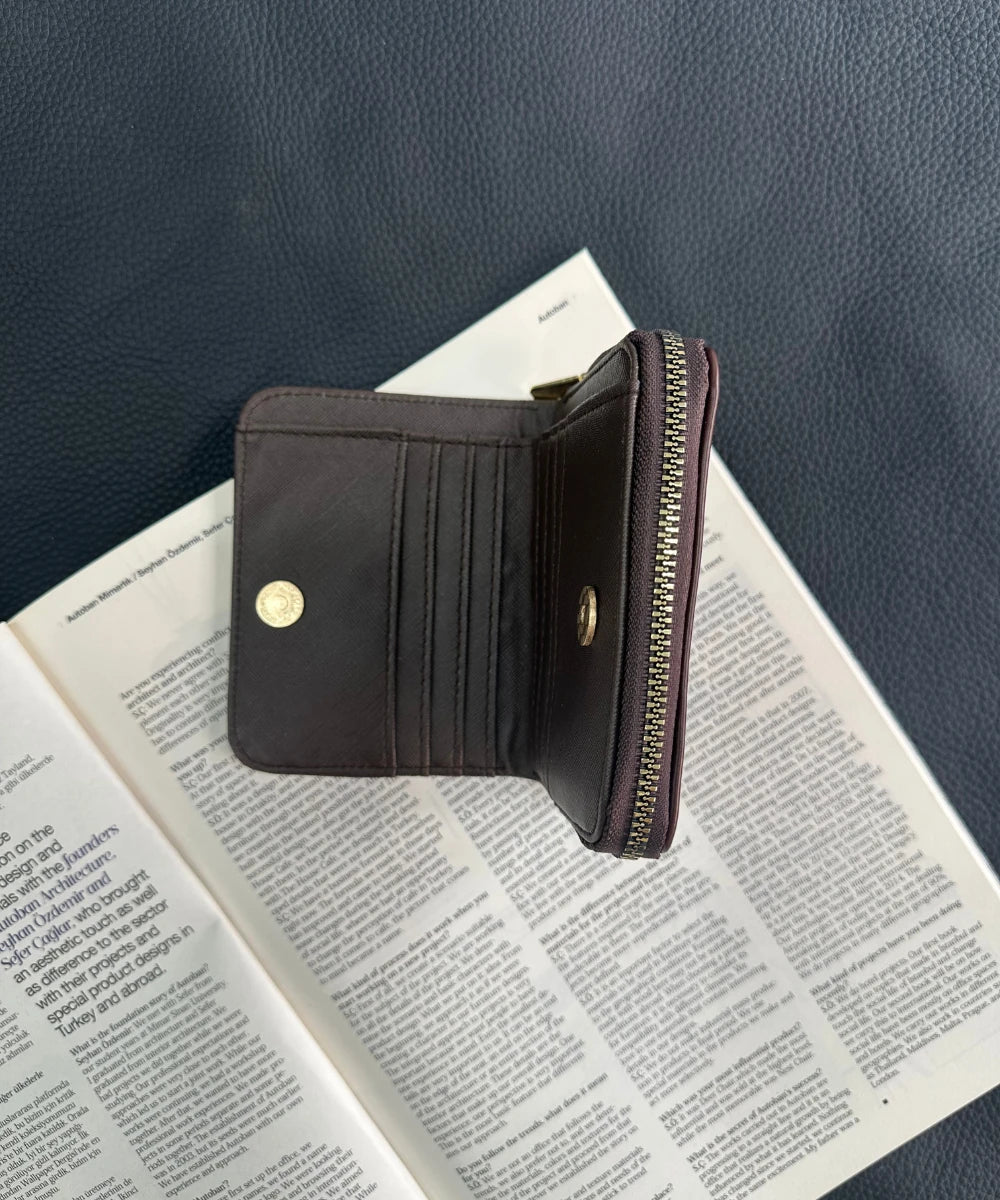 Kadın Fermuarlı Çiçek Detaylı Cüzdan - Kahve