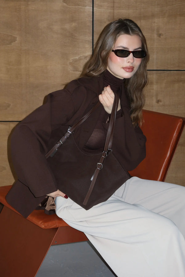 Kadın Toka Detaylı Fermuarlı Omuz Çantası Riva - Kahve Süet