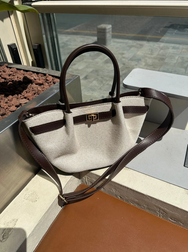 Kadın Keten Deri Kilit Detaylı Omuz Çantası Mini Dore - Kahve Hasır