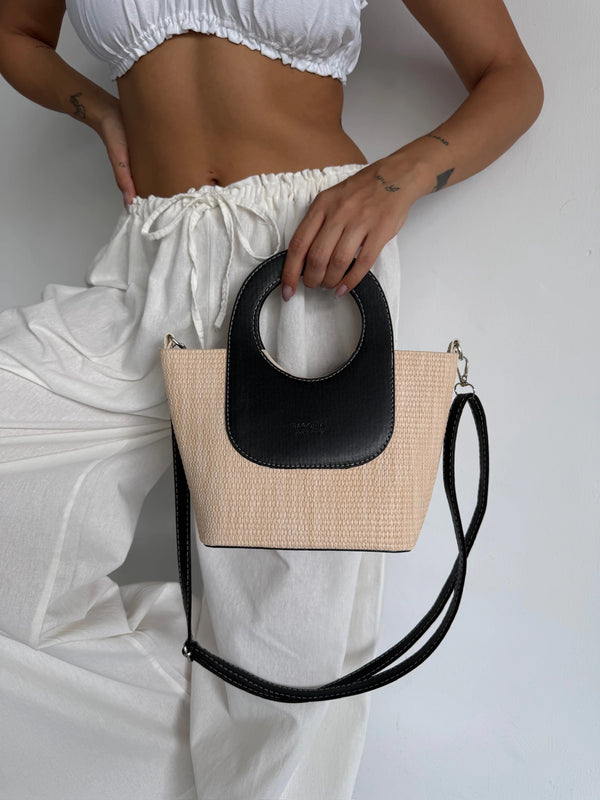 Kadın Yavru Detaylı Hasır Çapraz Çanta Arlo - Siyah Deri