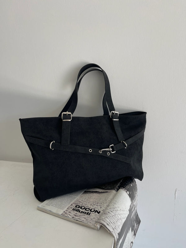 Kadın Kemer Detaylı Omuz Çantası Madrid - Siyah Süet