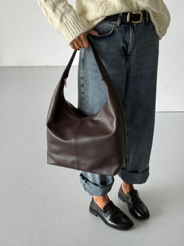 Kadın Salaş Fermuarlı Omuz Çantası Nora - Mat Kahve