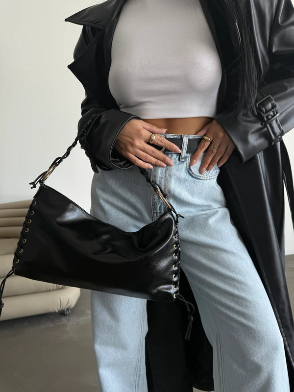 Kadın  Örgü Detaylı Kırışık Omuz Çantası Nomi - Siyah