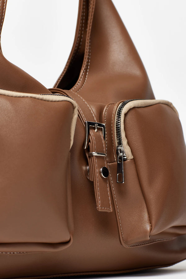 Kadın Cepli Omuz Çantası Mabel - Koyu Vizon