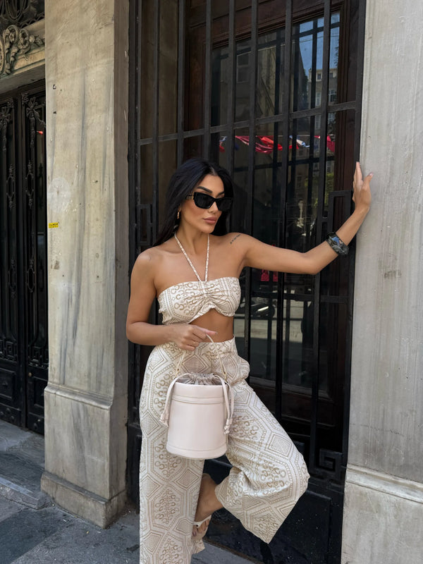 Kadın Büzgülü Çapraz Askılı Omuz Çantası Mason - Krem