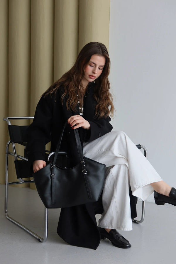 Kadın Toka Detaylı Fermuarlı Omuz Çantası Riva - Siyah