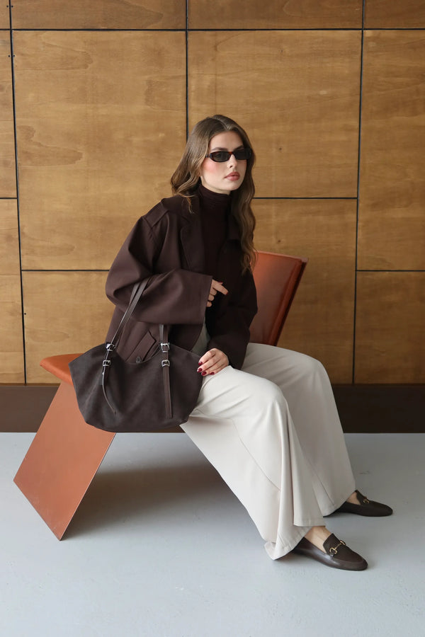 Kadın Toka Detaylı Fermuarlı Omuz Çantası Riva - Kahve Süet