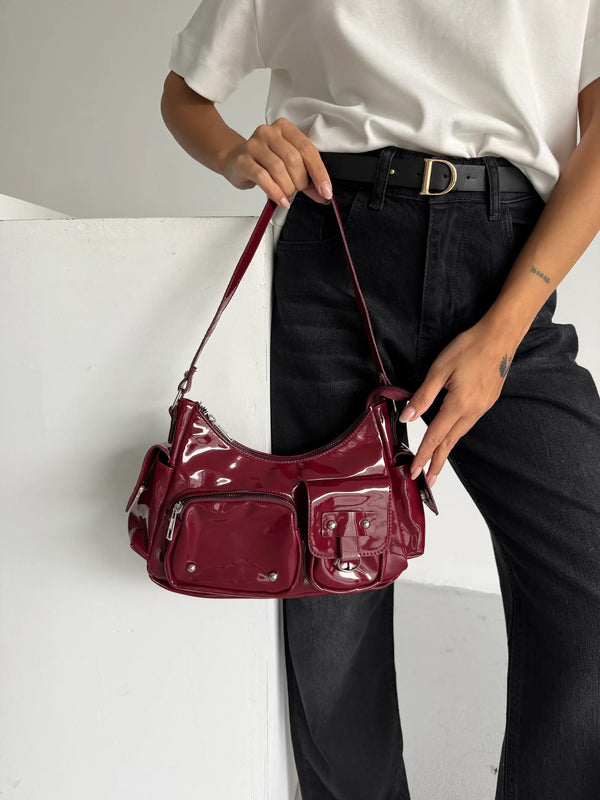 Kadın Çok Cepli Omuz Çantası Poli - Bordo Rugan