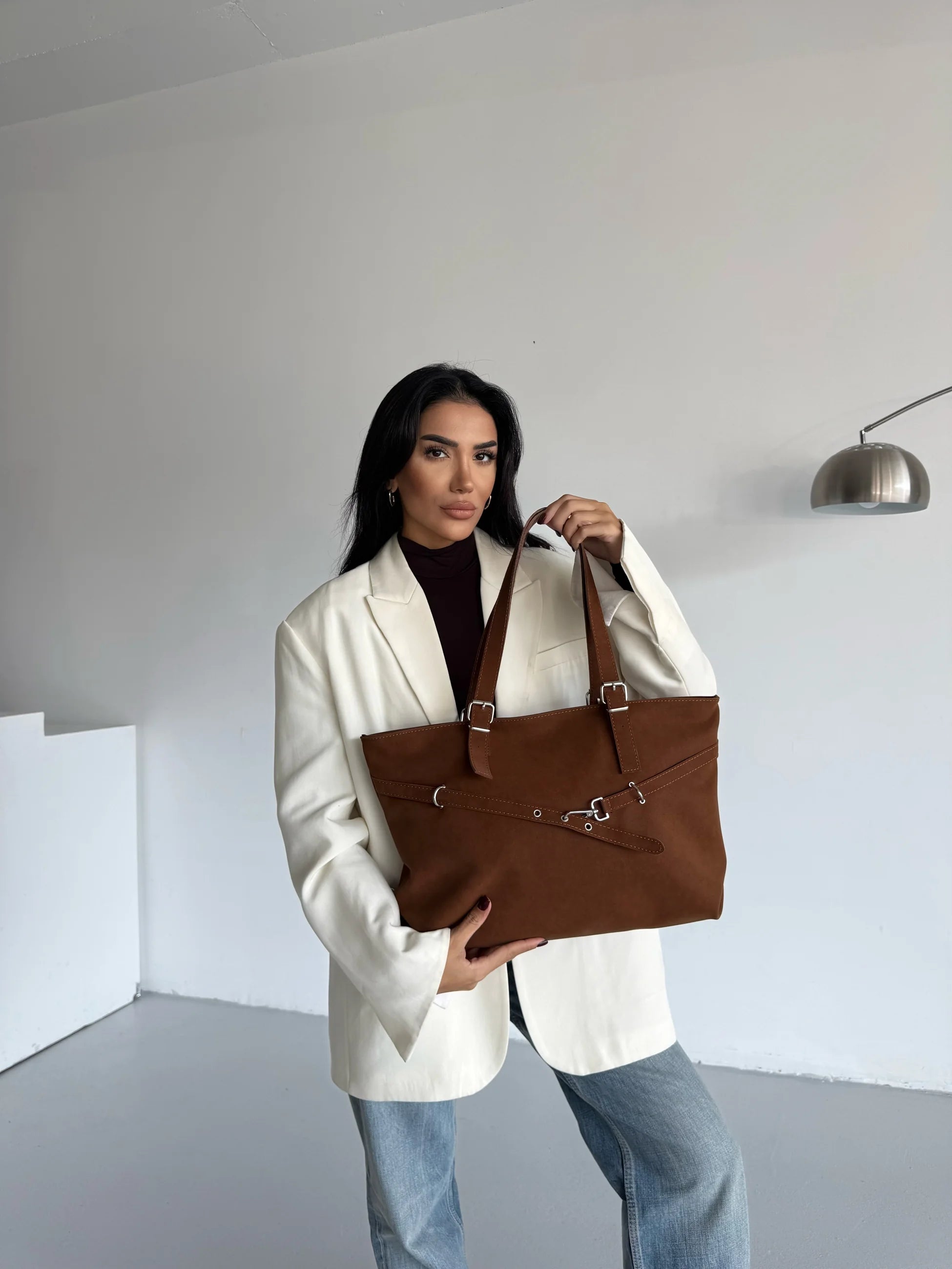 Kadın Kemer Detaylı Omuz Çantası Madrid - Taba Süet