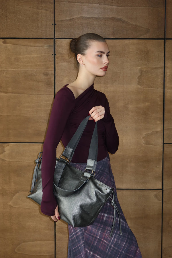 Kadın Deri Tote Omuz Çantası Big City - Metalik Gri